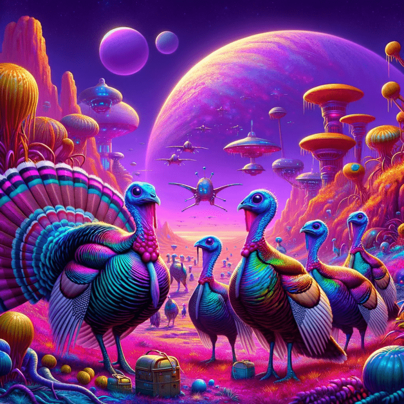 Turkeys on their home planet preparing for an invasion of earth