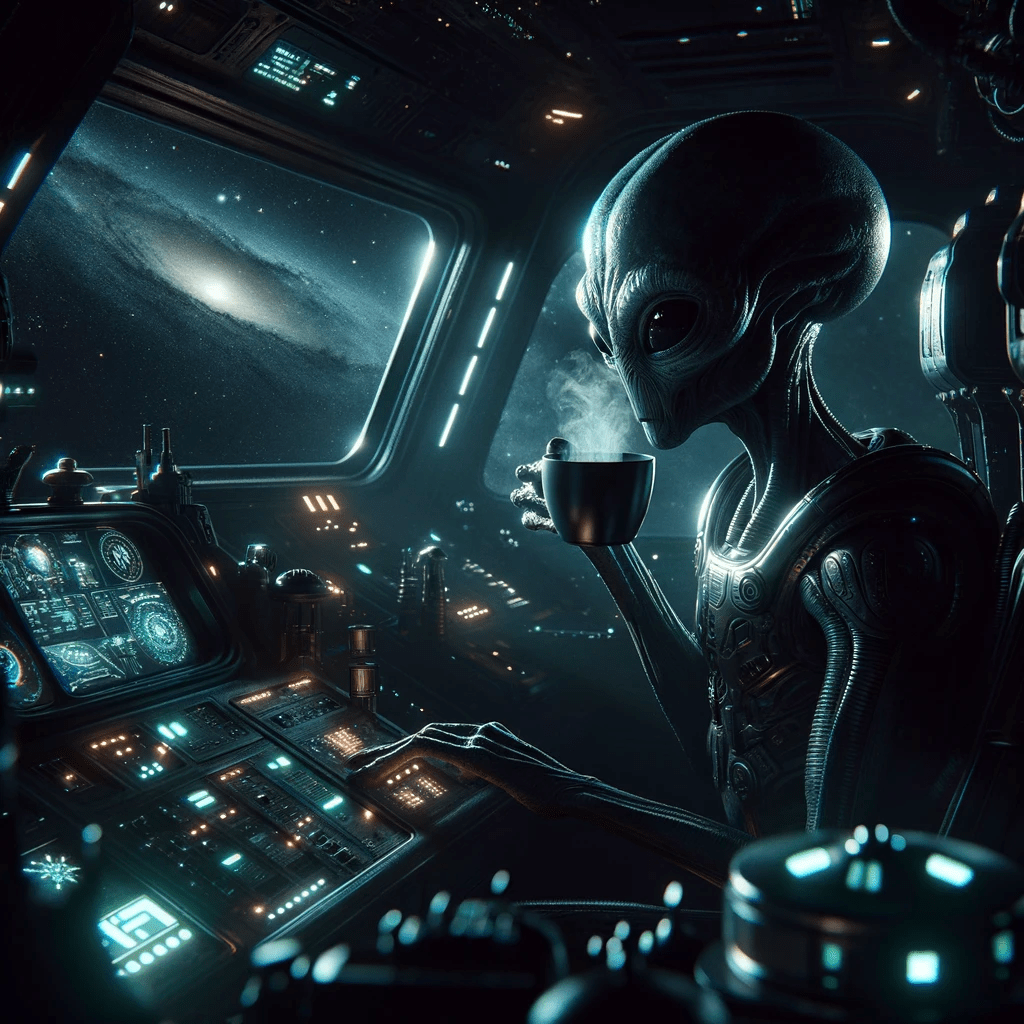 Alien enjoying Conspiracy Theory Coffee on his ship