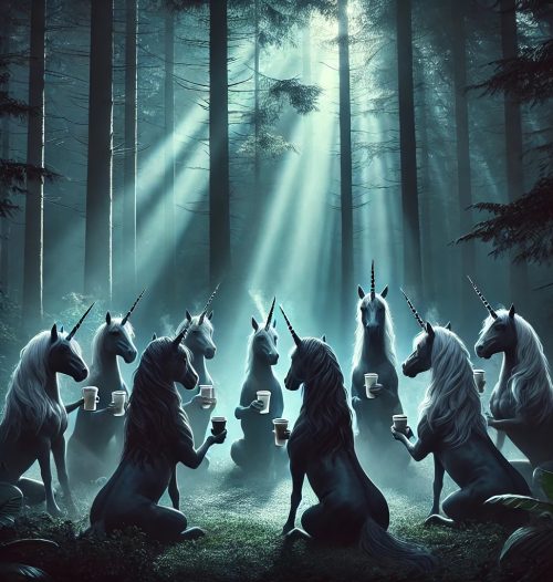 A dark cool scene in the woods with unicorns that have black coats sitting around drinking coffee The atmosphere is mystical and enchanting with sun