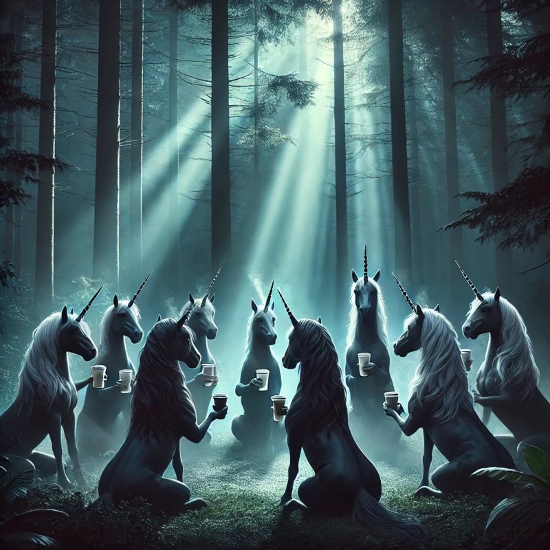 A dark cool scene in the woods with unicorns that have black coats sitting around drinking coffee The atmosphere is mystical and enchanting with sun