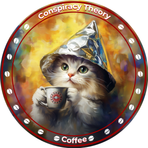 kitten wearing a tinfoil hat drinking Conspiracy Theory Coffee