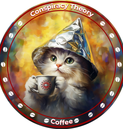 kitten wearing a tinfoil hat drinking Conspiracy Theory Coffee