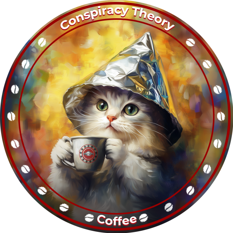 kitten wearing a tinfoil hat drinking Conspiracy Theory Coffee