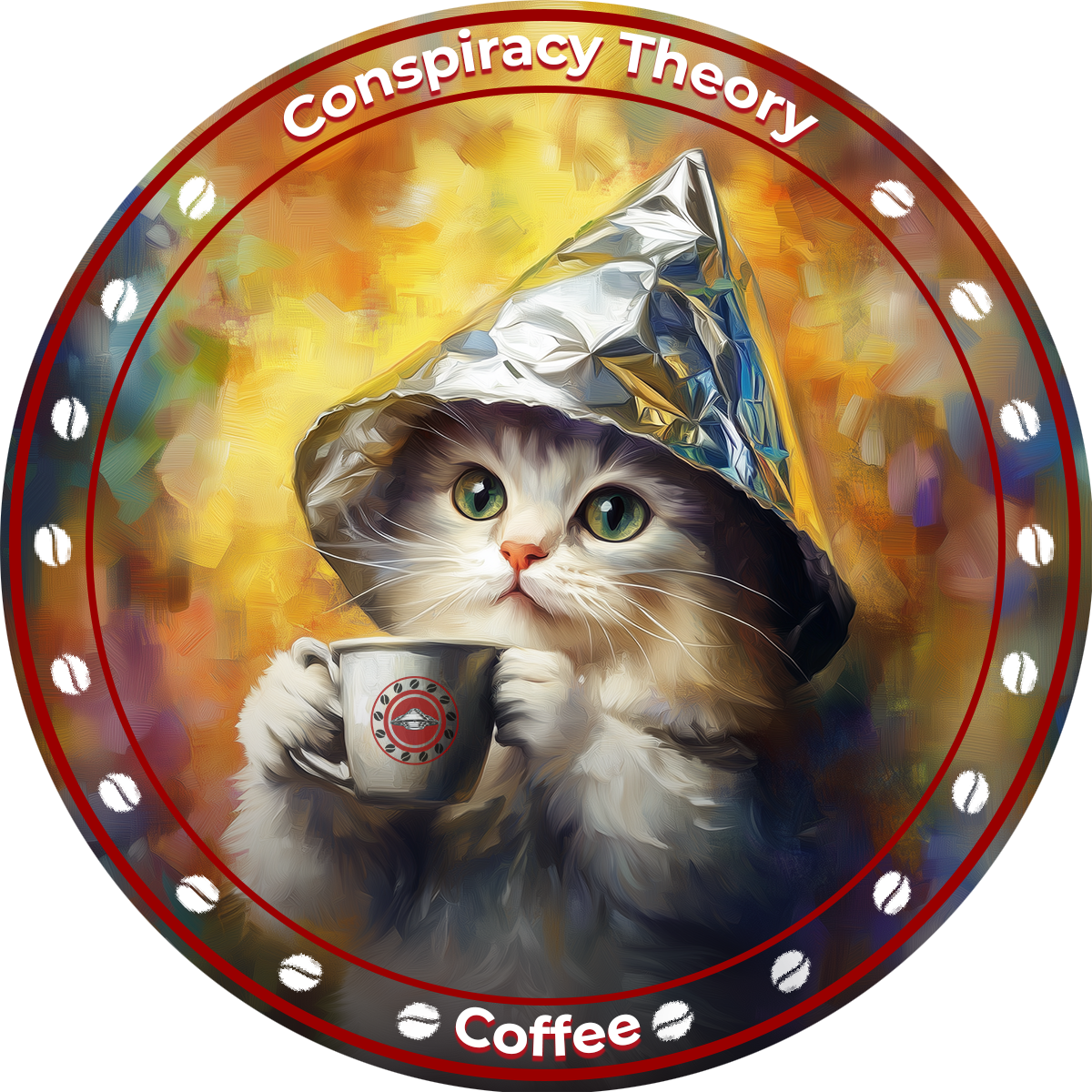 kitten wearing a tinfoil hat drinking Conspiracy Theory Coffee