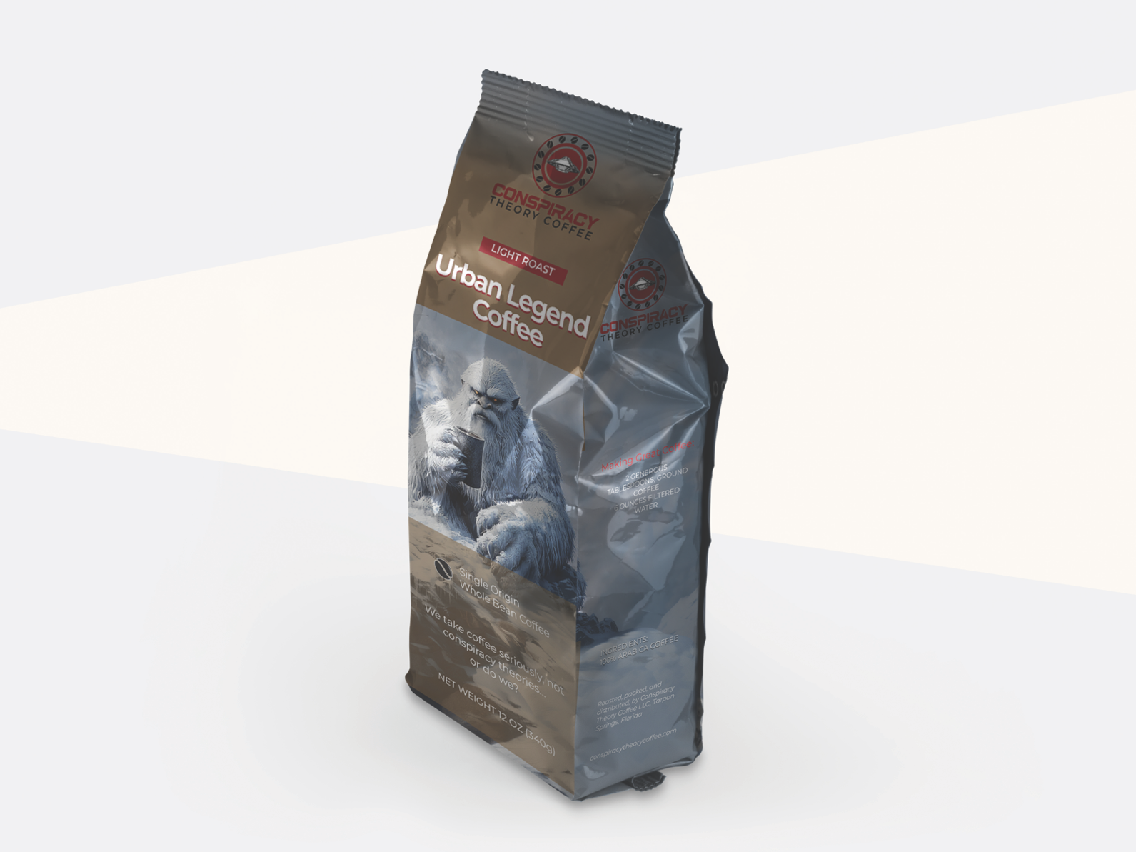 image of a bag of coffee depicting a yeti drinking coffee